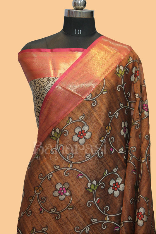 chocolate With PInk cottan silk banarasi saree all over weaving with meenakari