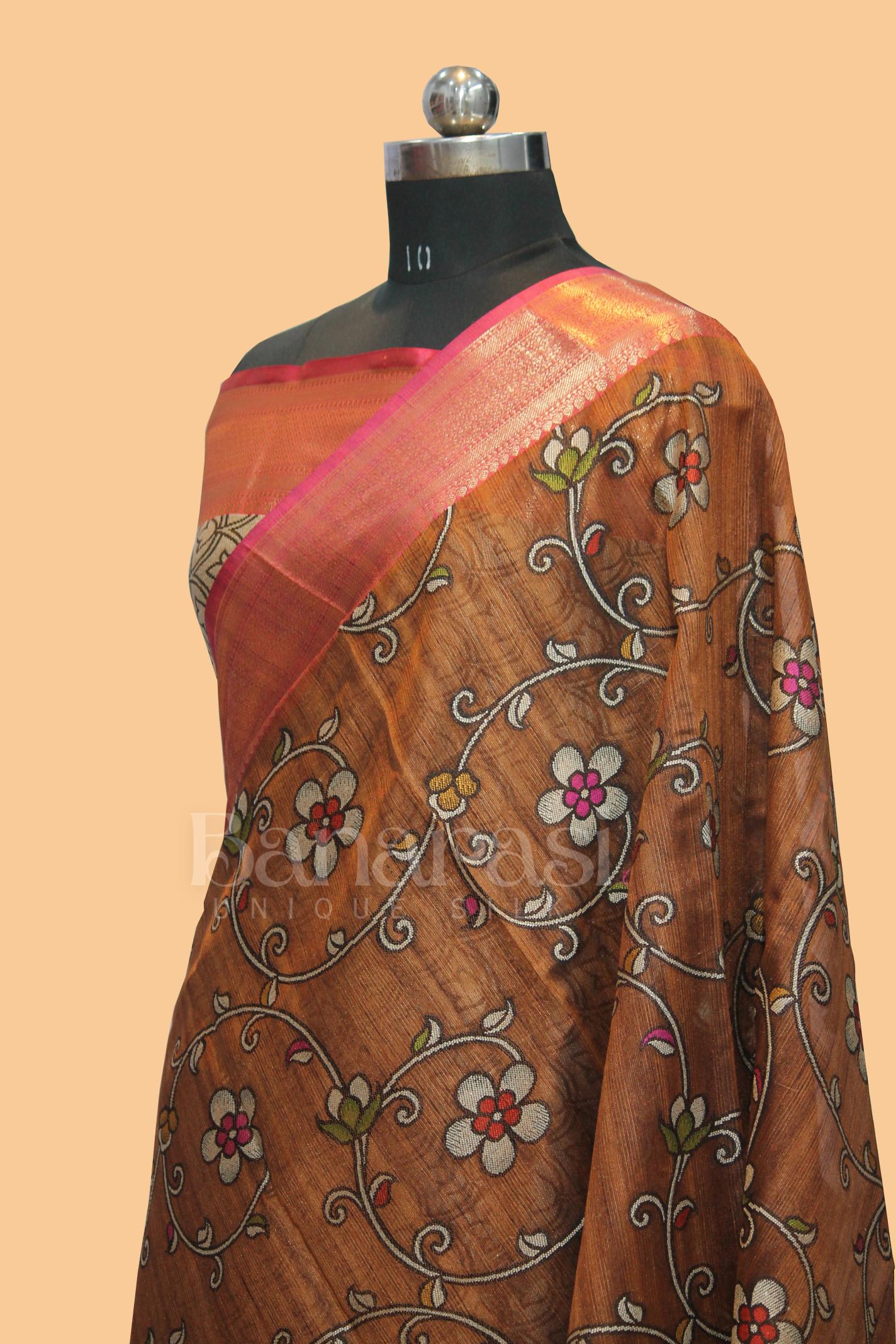 chocolate With PInk cottan silk banarasi saree all over weaving with meenakari