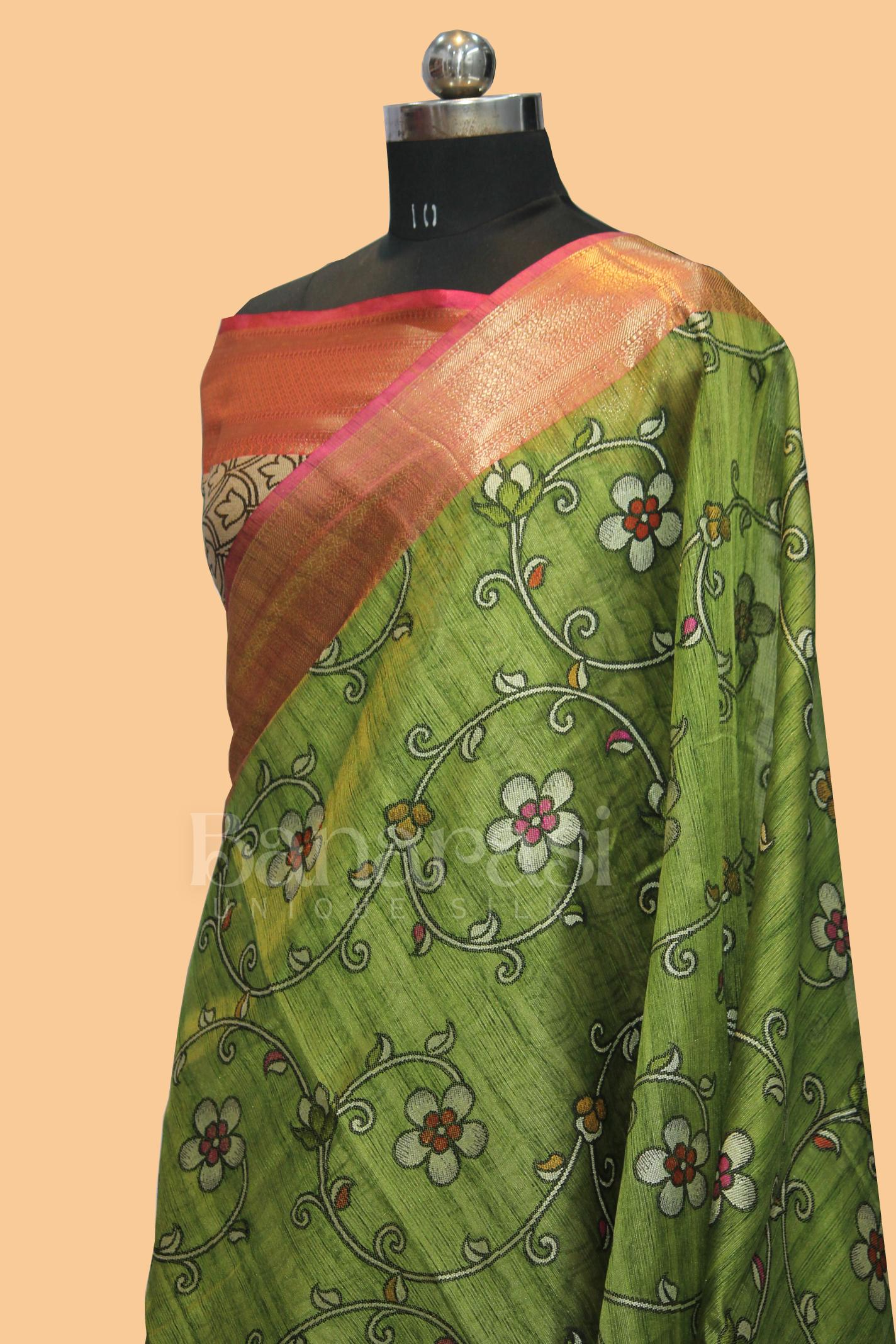 Green With PInk cottan silk banarasi saree all over weaving with meenakari