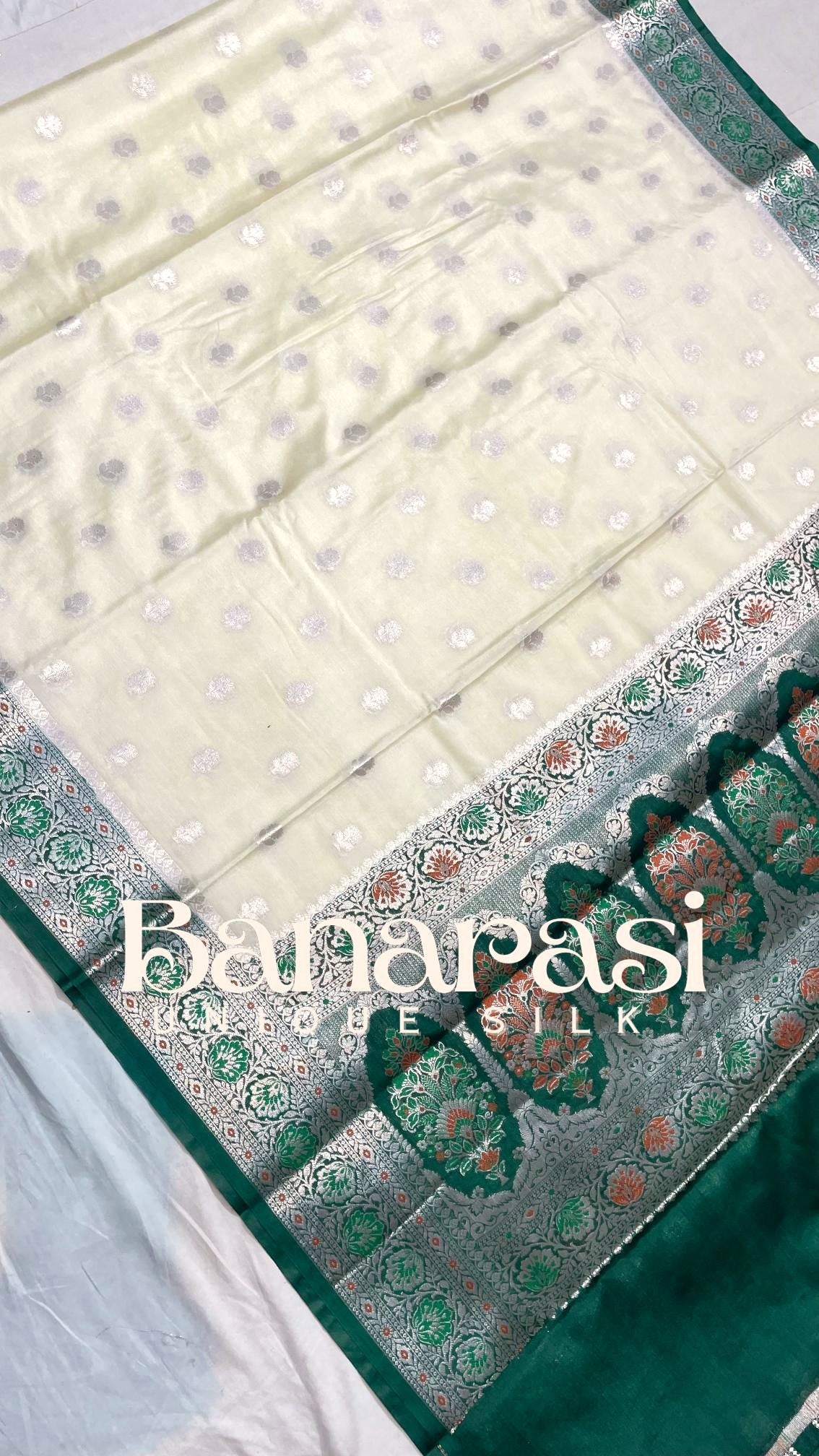 Cream With Dark Green Banarasi chiniya katan soft silk saree