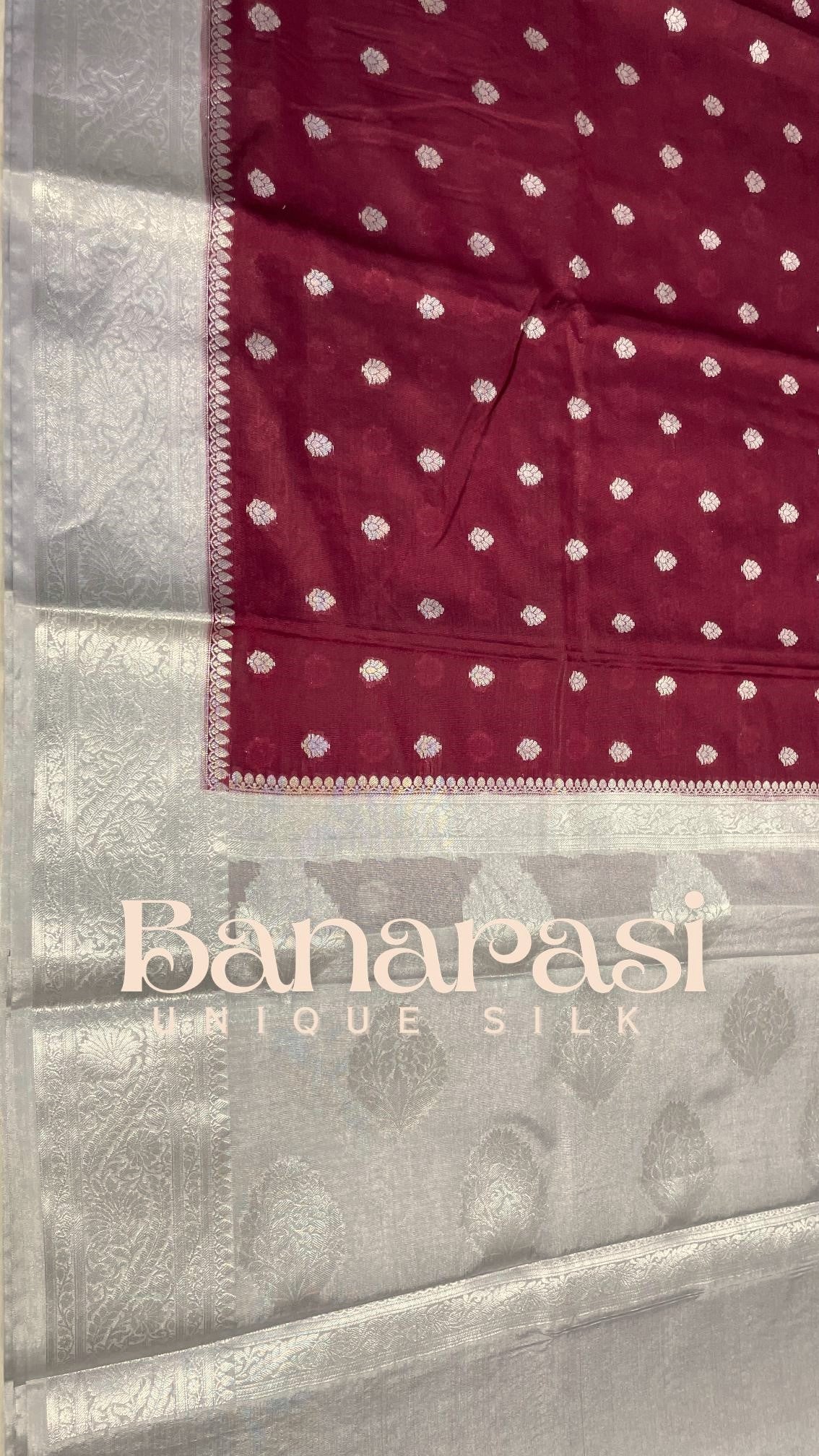 Mahroon With Greay Banarasi chiniya katan soft silk saree