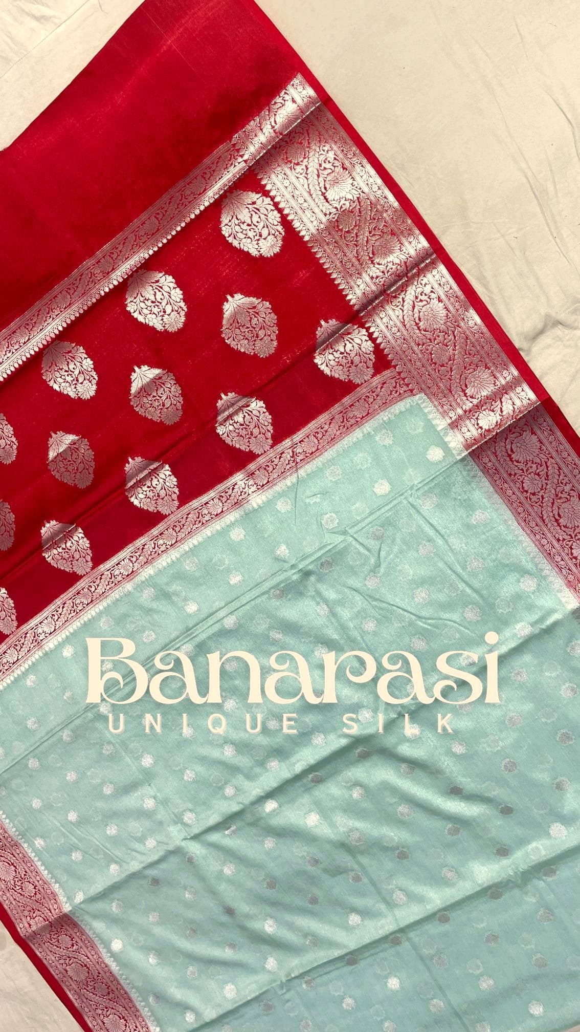 Ash green with red Banarasi chiniya katan soft silk saree