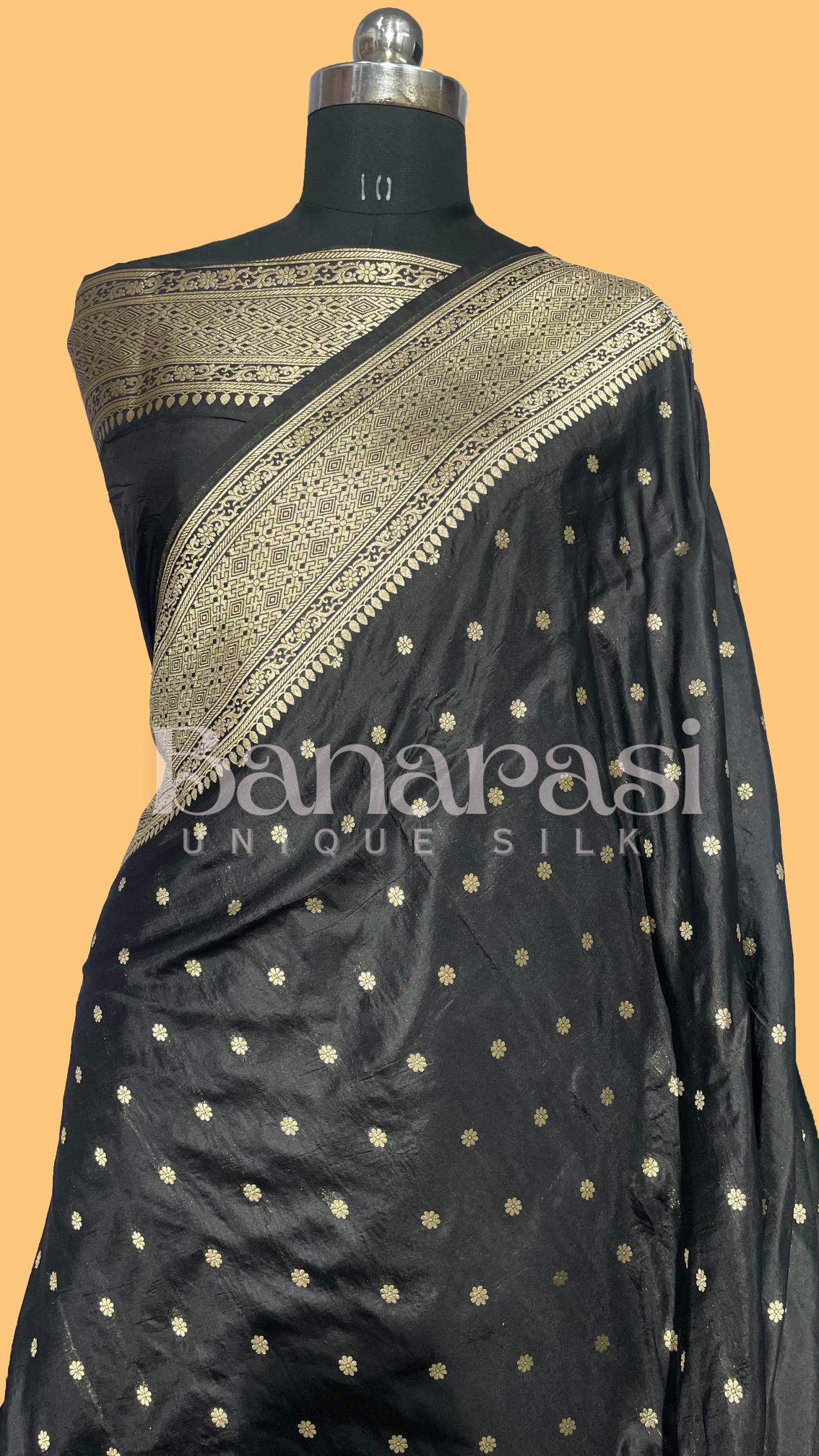 Black Pure Katan Silk Banarasi Handloom Saree - All Over butiWork