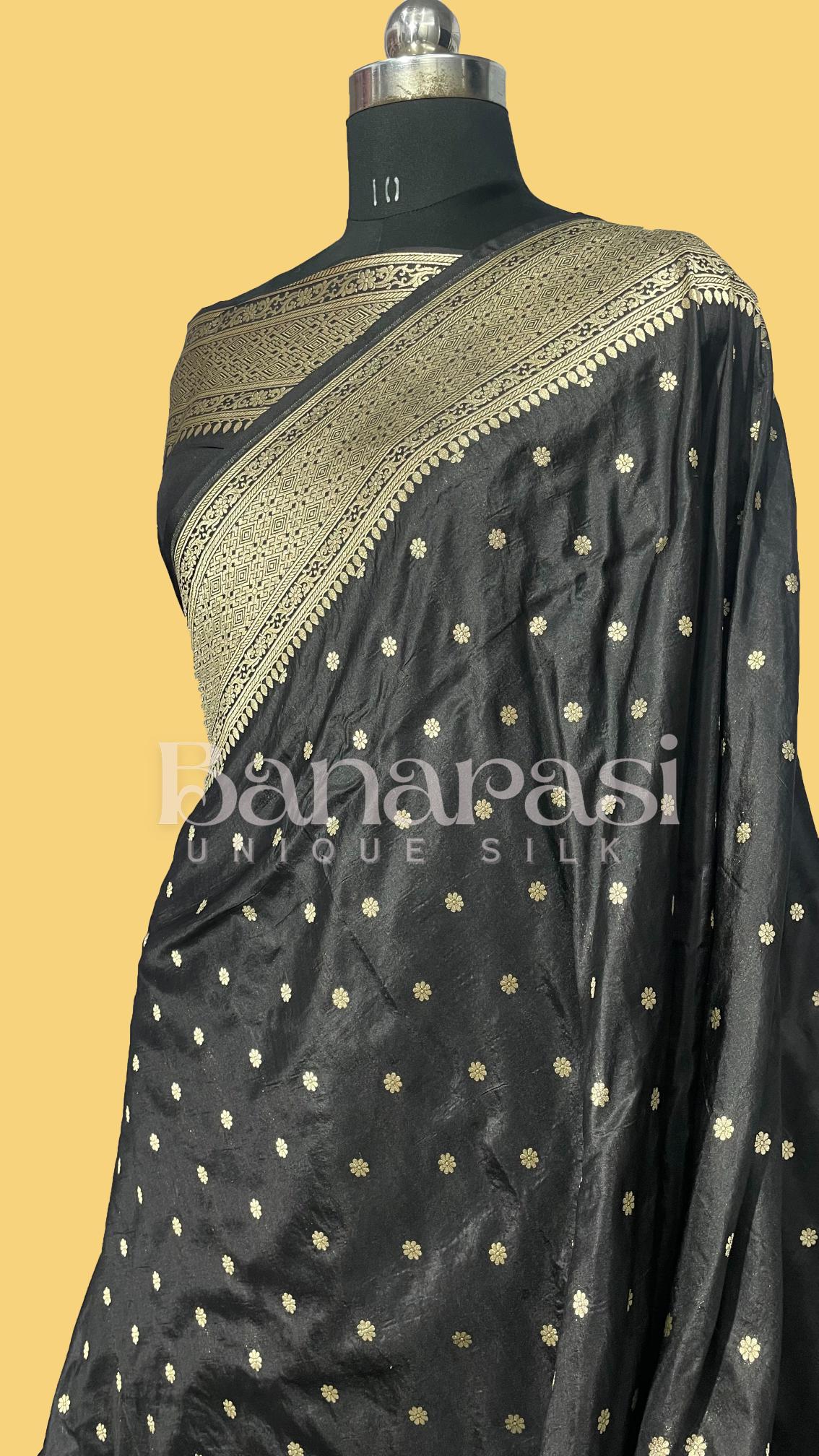 Black Pure Katan Silk Banarasi Handloom Saree - All Over butiWork