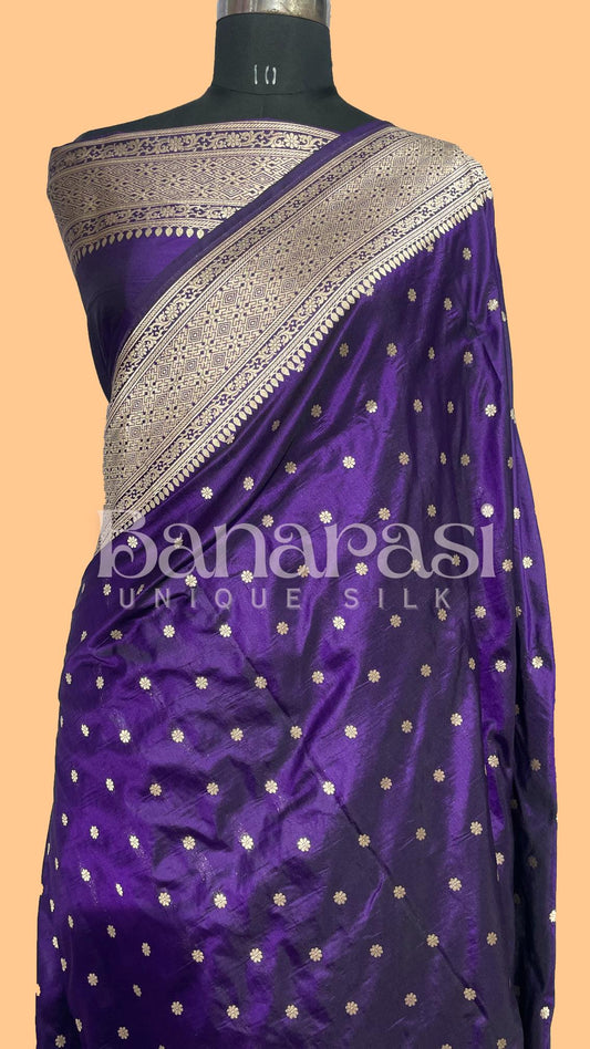 Purple Pure Katan Silk Banarasi Handloom Saree - All Over butiWork