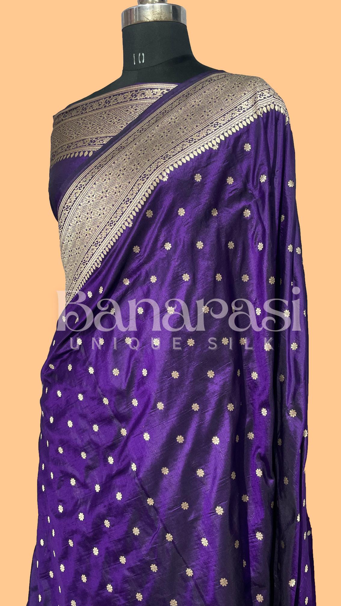 Purple Pure Katan Silk Banarasi Handloom Saree - All Over butiWork