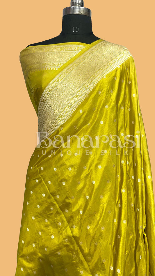 Yellow Pure Katan Silk Banarasi Handloom Saree - All Over butiWork