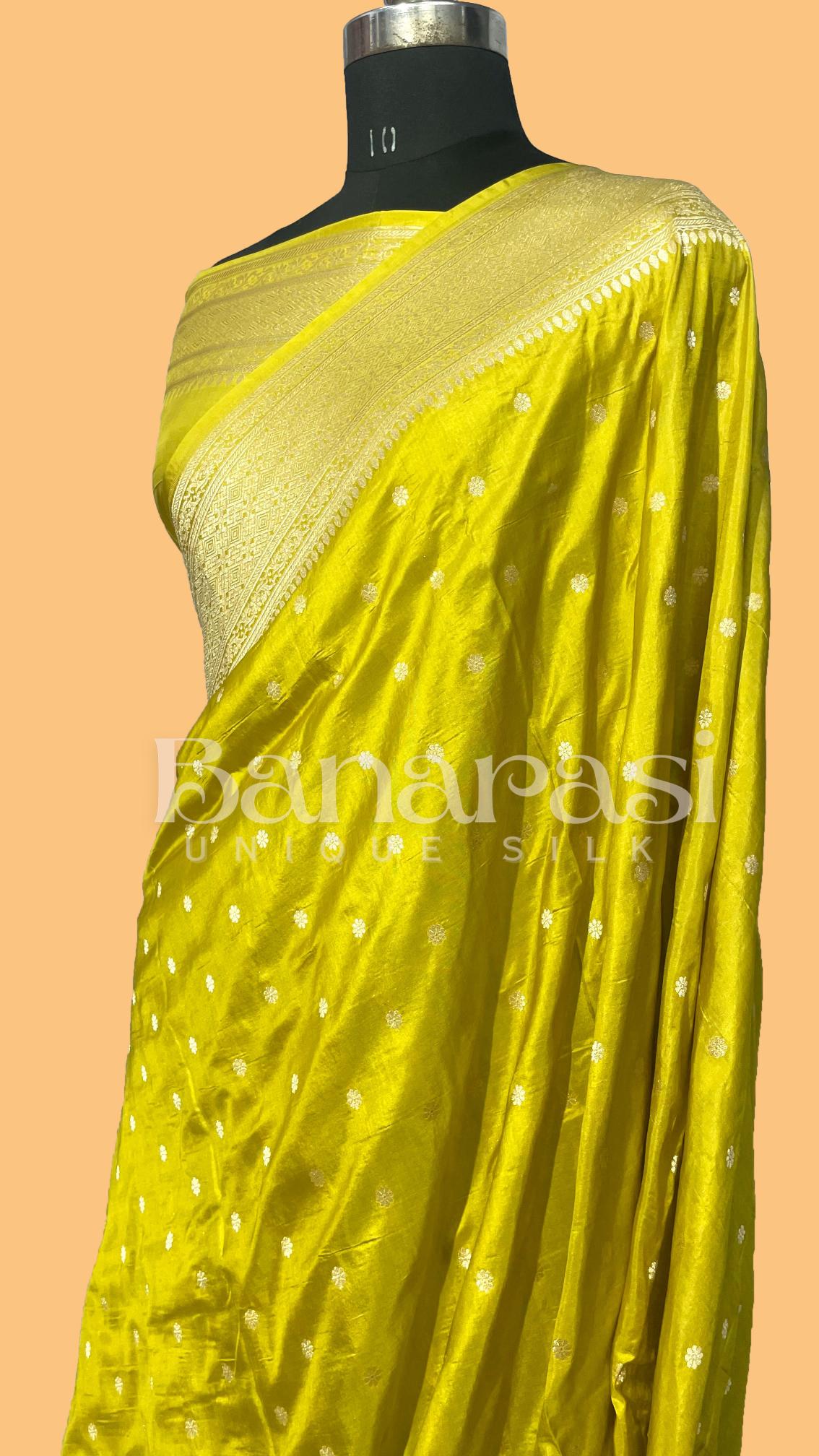 Yellow Pure Katan Silk Banarasi Handloom Saree - All Over butiWork