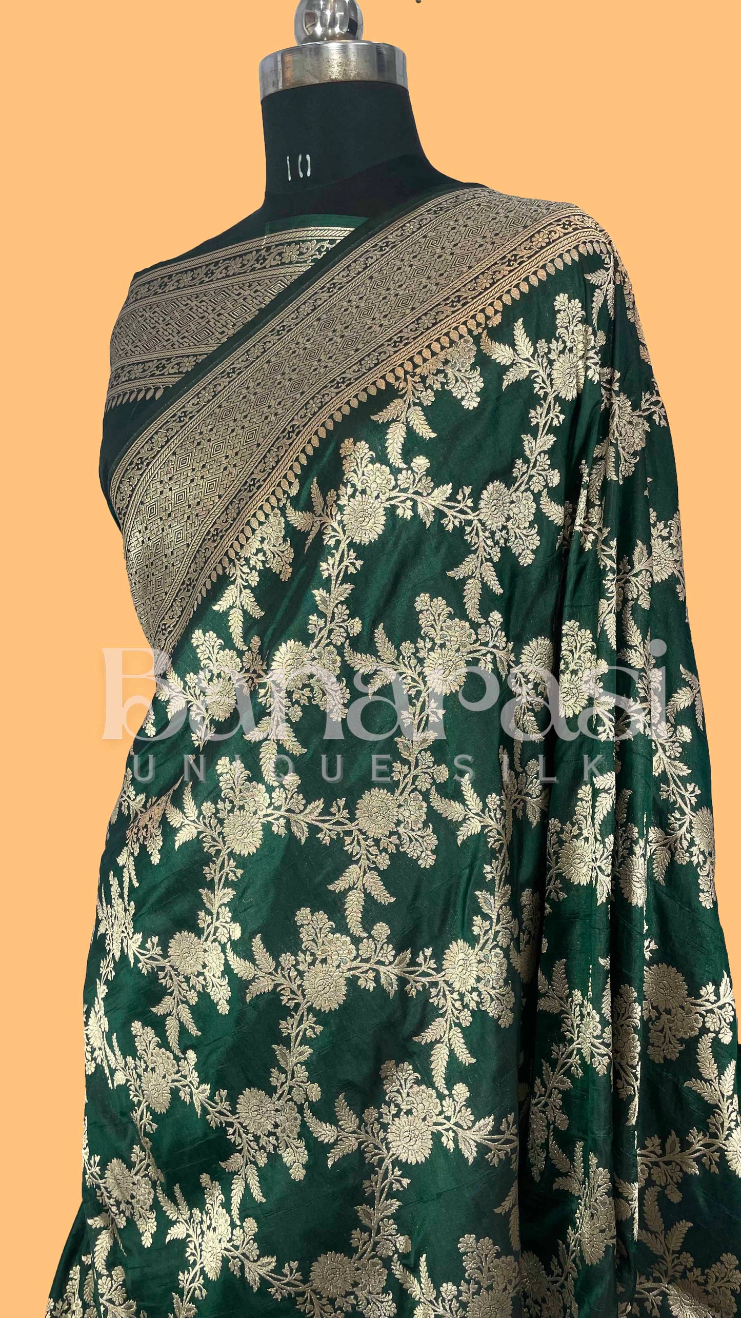 Dark Green Pure Katan Silk Banarasi Handloom Saree - All Over Jaal Work