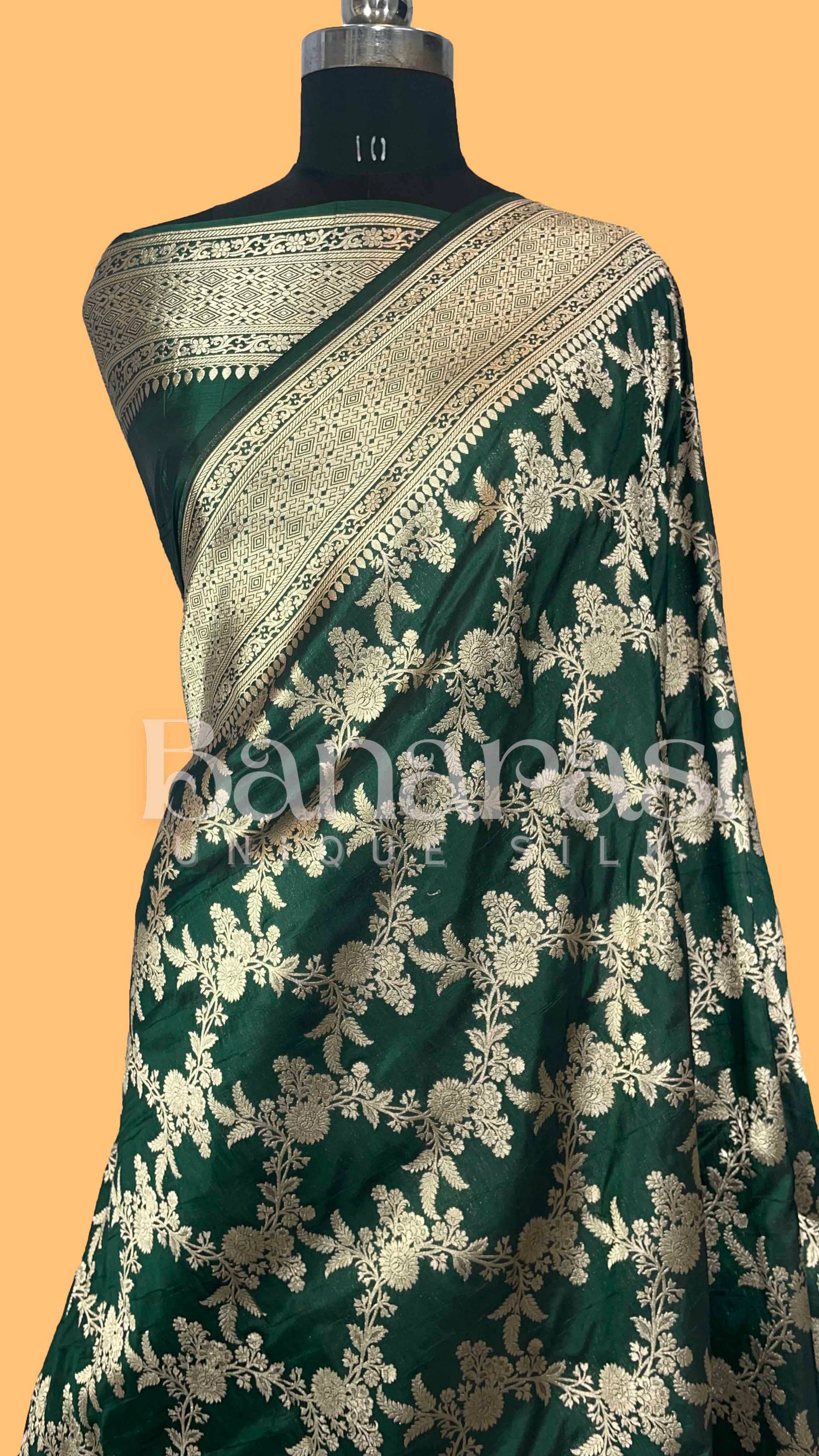 Dark Green Pure Katan Silk Banarasi Handloom Saree - All Over Jaal Work