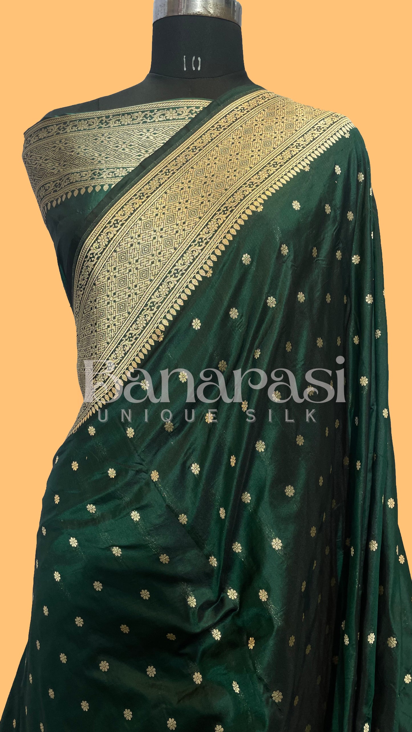 Dark GreenPure Katan Silk Banarasi Handloom Saree - All Over butiWork