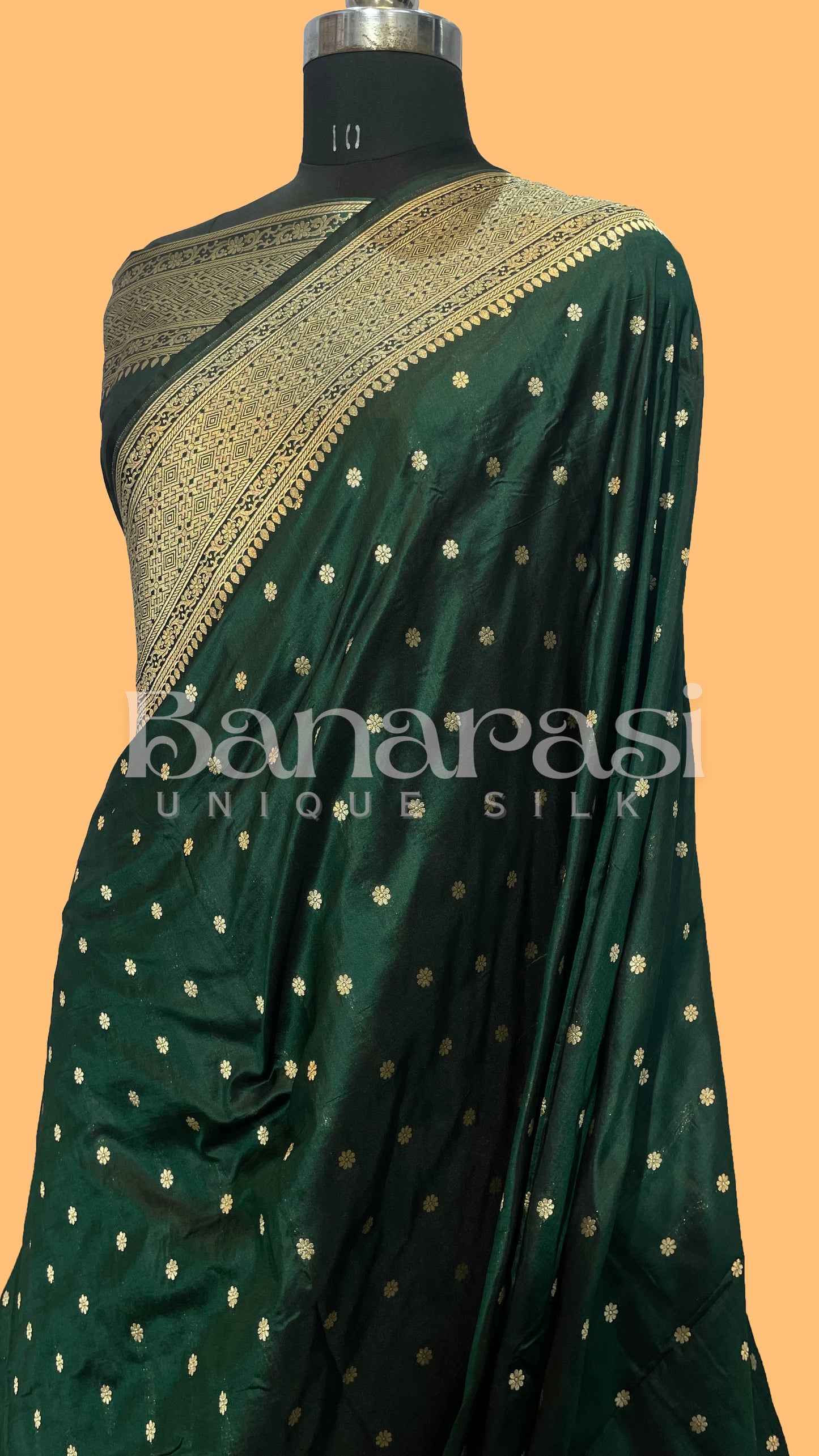 Dark GreenPure Katan Silk Banarasi Handloom Saree - All Over butiWork