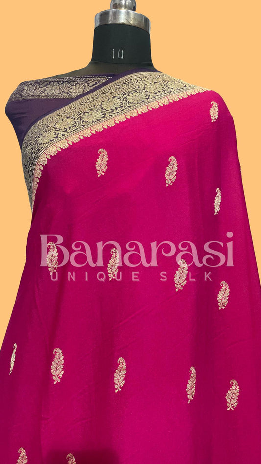 Dark Pink With Blue Pure creap Banarasi Saree