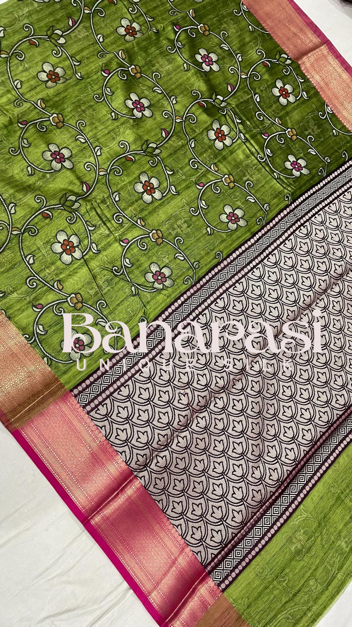 Green With PInk cottan silk banarasi saree all over weaving with meenakari