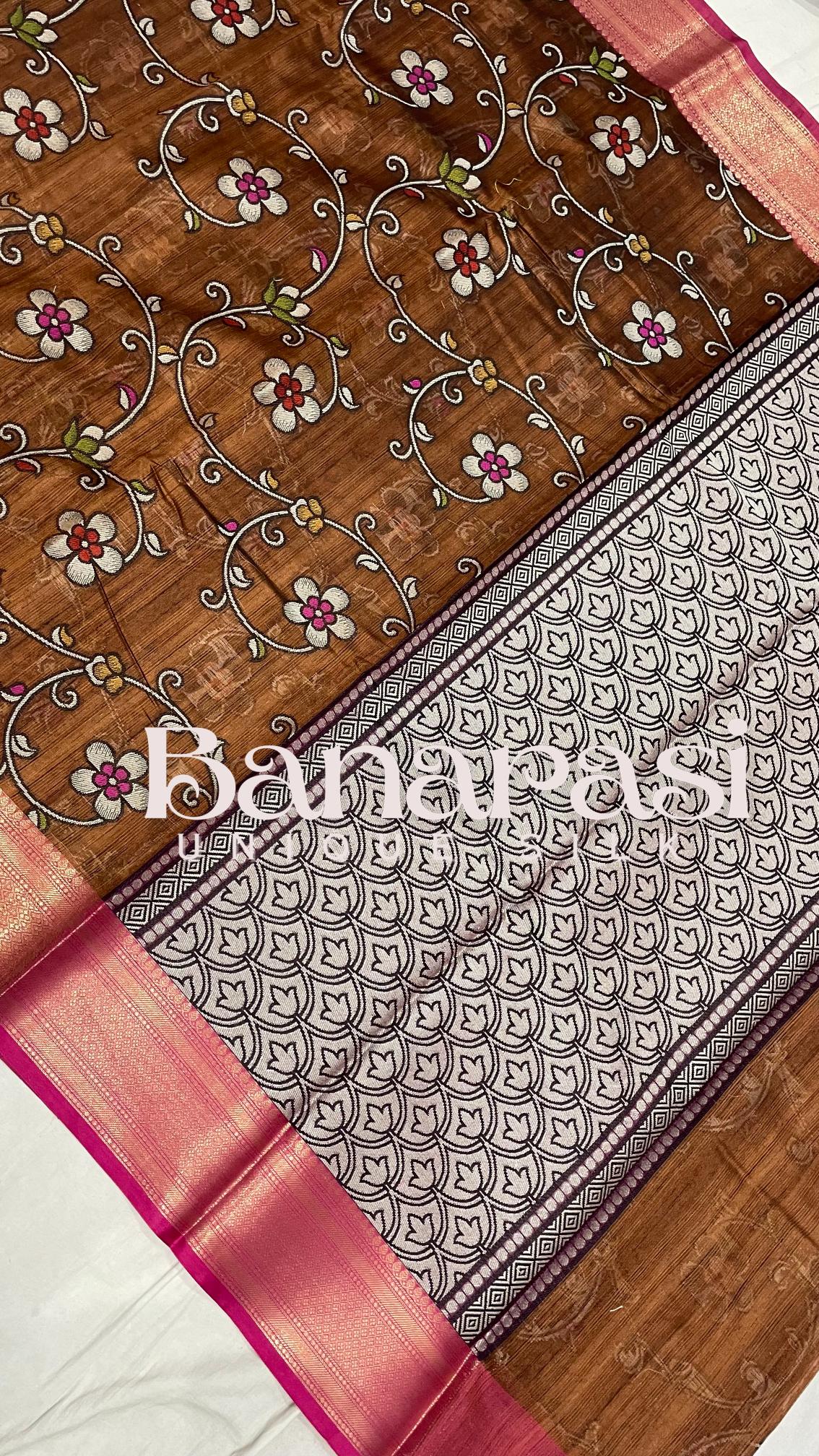 chocolate With PInk cottan silk banarasi saree all over weaving with meenakari