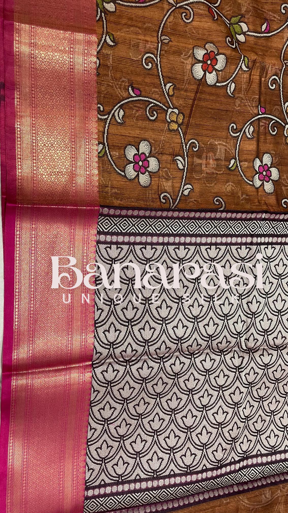 chocolate With PInk cottan silk banarasi saree all over weaving with meenakari