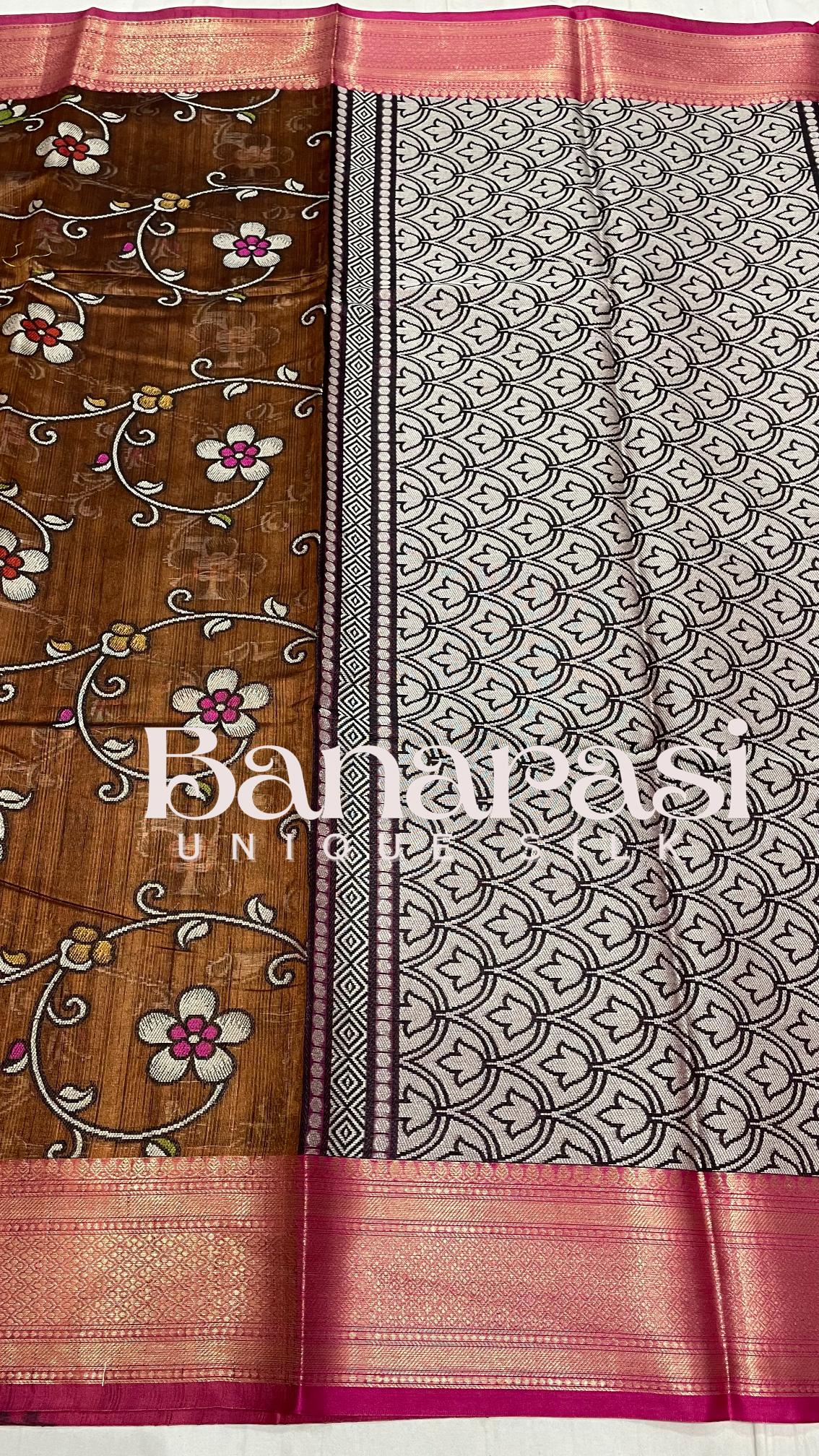 chocolate With PInk cottan silk banarasi saree all over weaving with meenakari