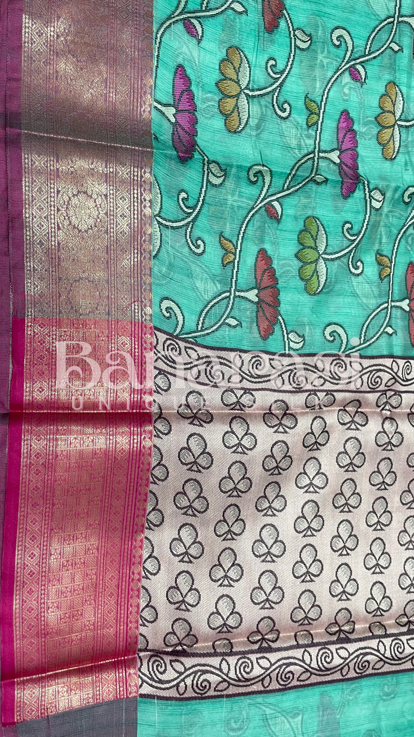 Safaya Green With Pink cottan silk banarasi saree all over weaving with meenakari