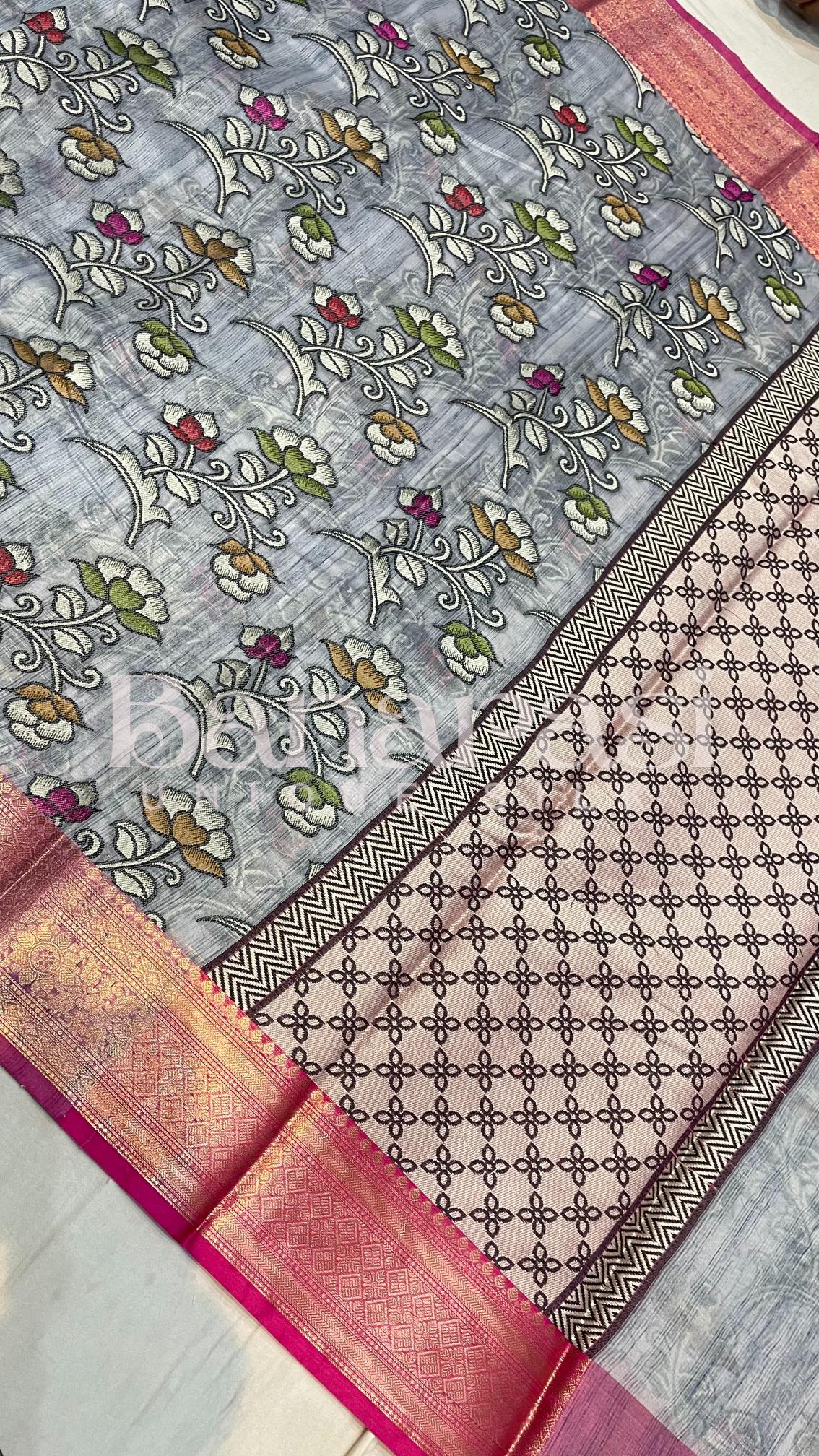 Gray With PInk Cottan Silk Banarasi Saree All Over Weaving With Meenakari