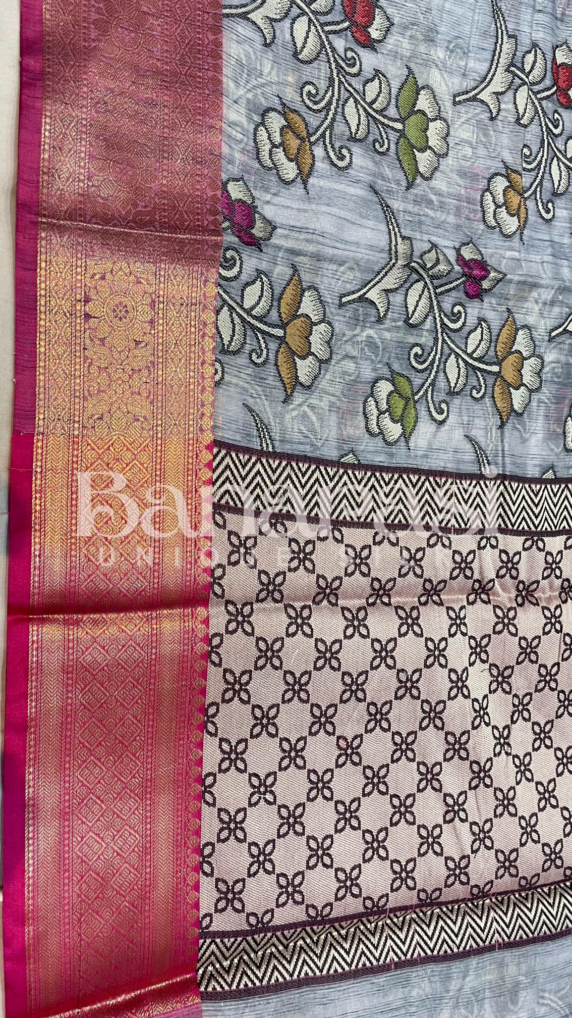 Gray With PInk Cottan Silk Banarasi Saree All Over Weaving With Meenakari