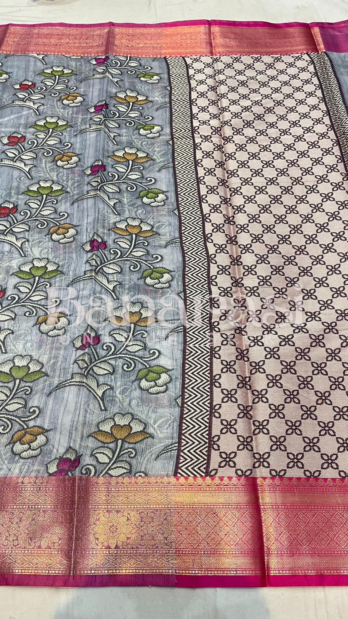 Gray With PInk Cottan Silk Banarasi Saree All Over Weaving With Meenakari