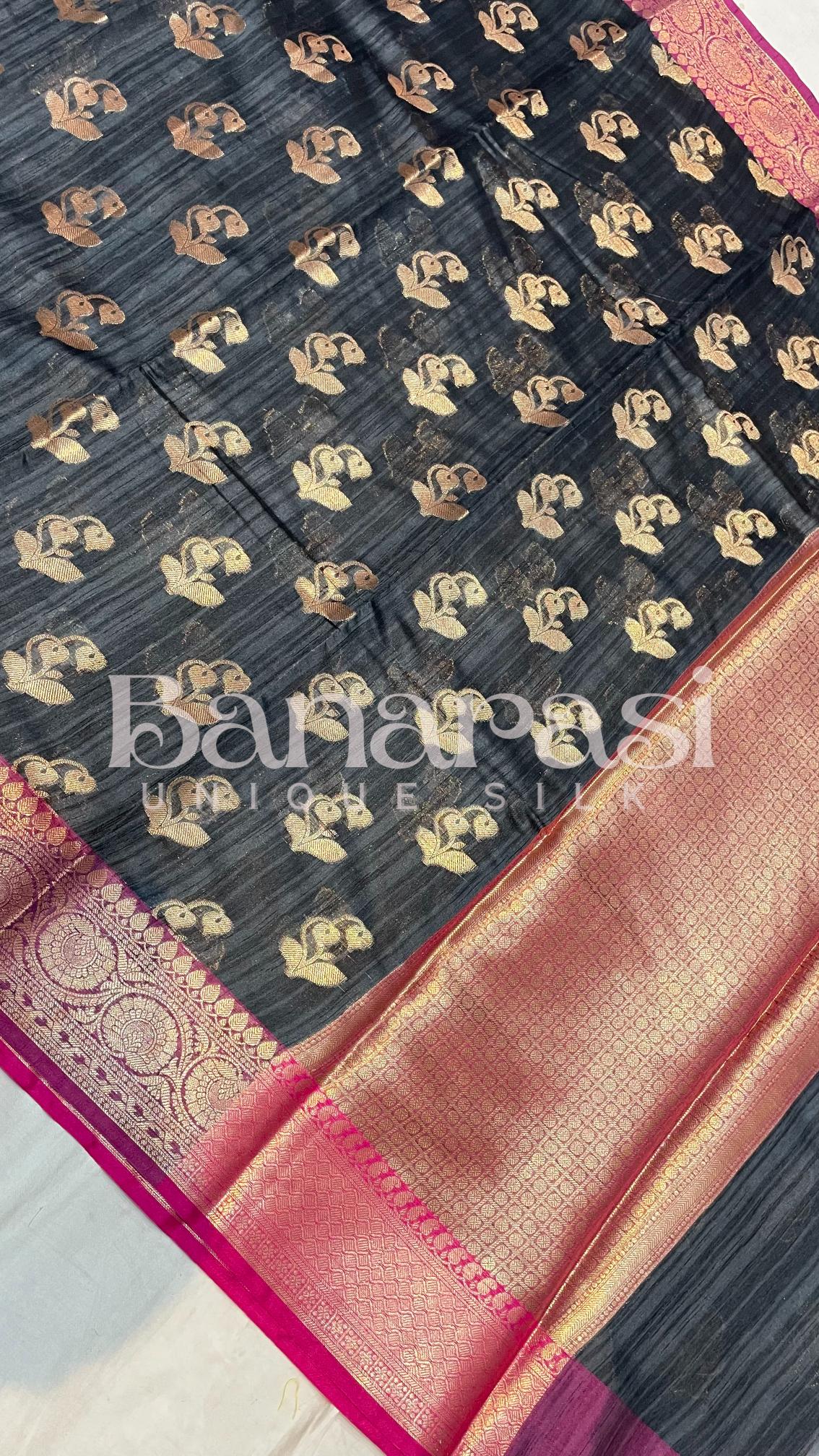 Black With Pink Tusser silk Banarasi Saree