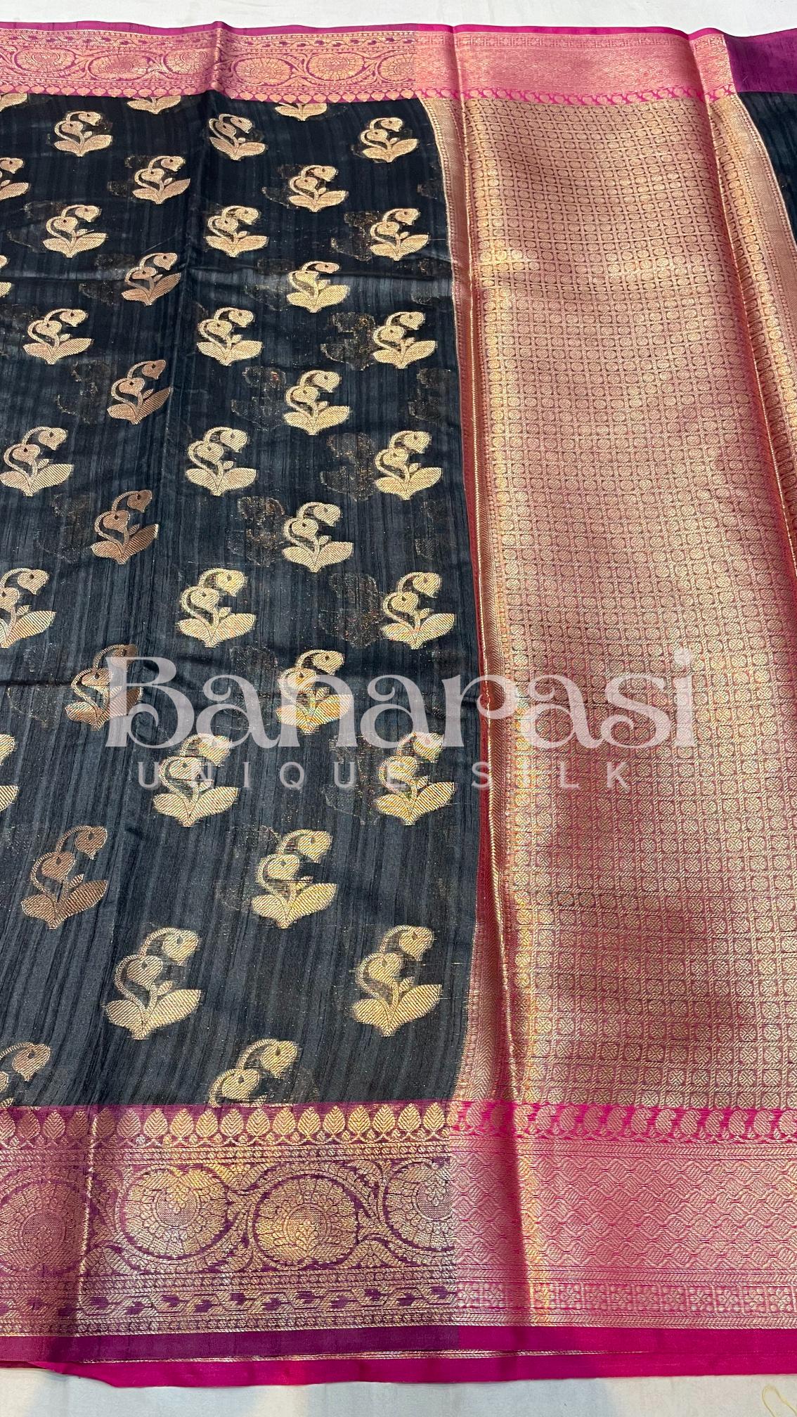 Black With Pink Tusser silk Banarasi Saree