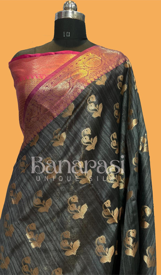 Black With Pink Tusser silk Banarasi Saree