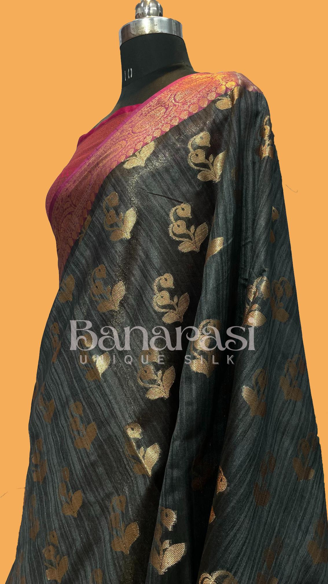 Black With Pink Tusser silk Banarasi Saree