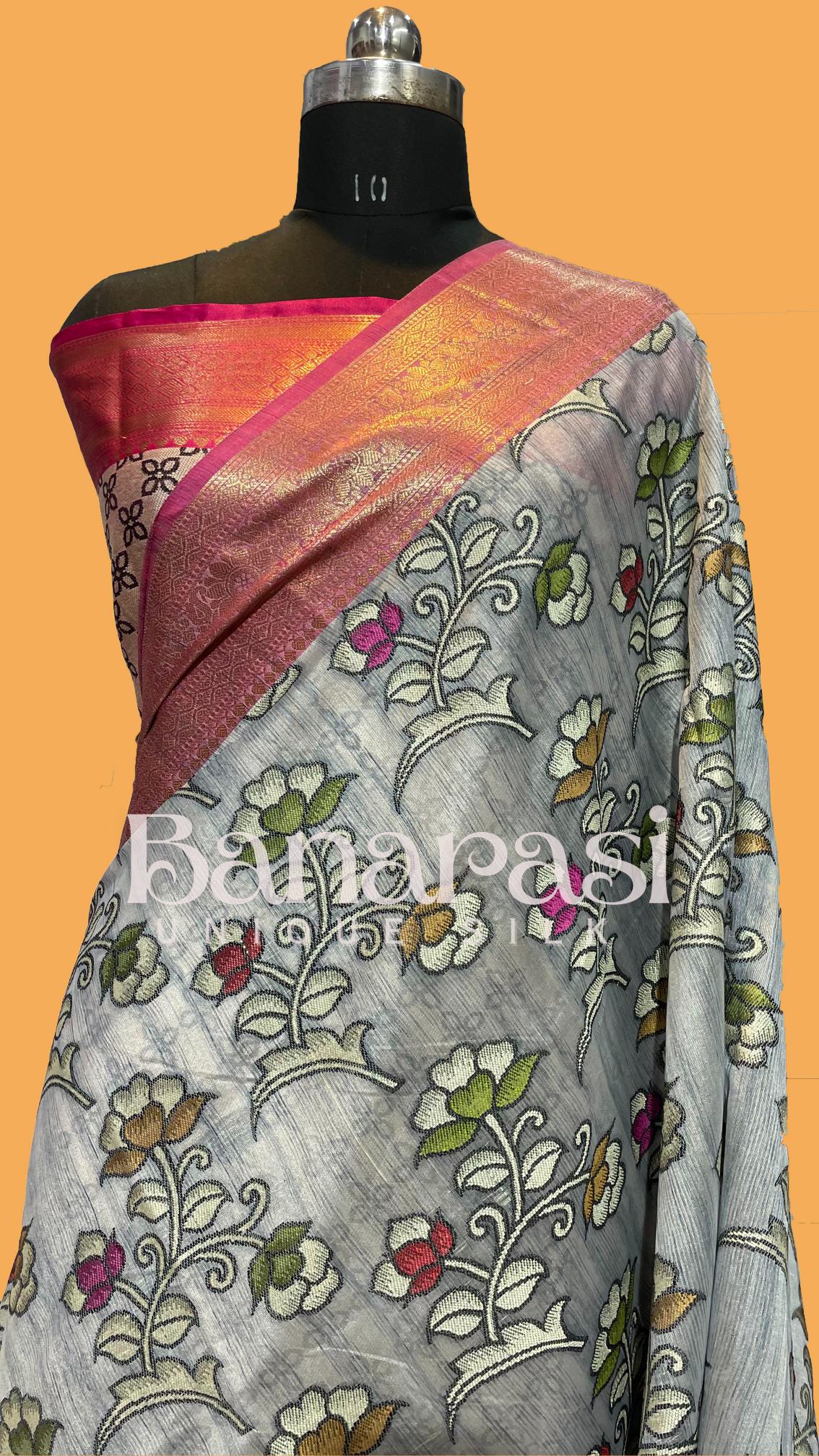 Gray With PInk Cottan Silk Banarasi Saree All Over Weaving With Meenakari