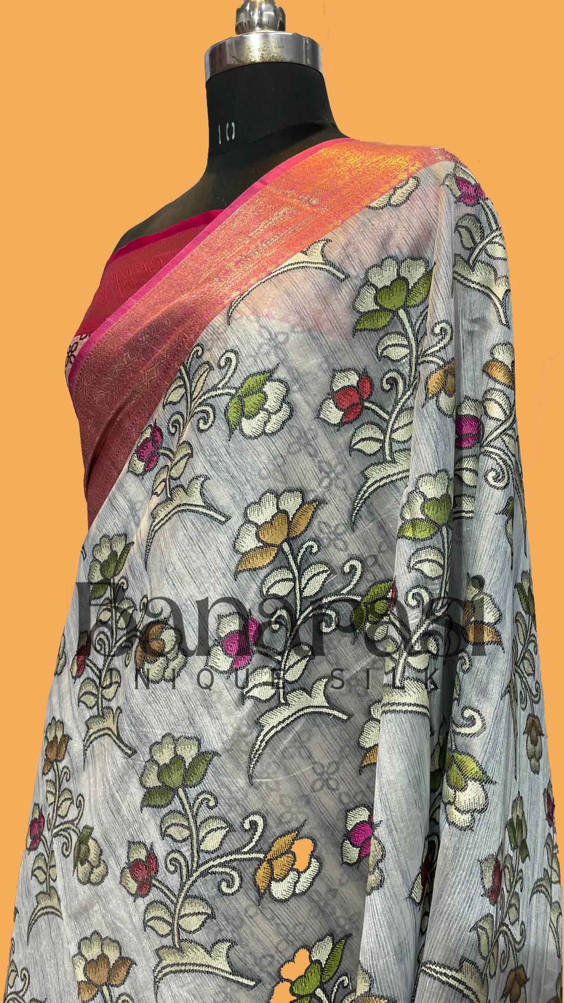 Gray With PInk Cottan Silk Banarasi Saree All Over Weaving With Meenakari