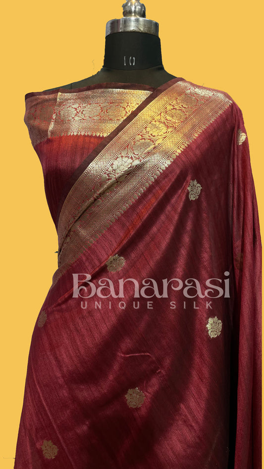 Mahroon Tusser silk Banarasi Saree