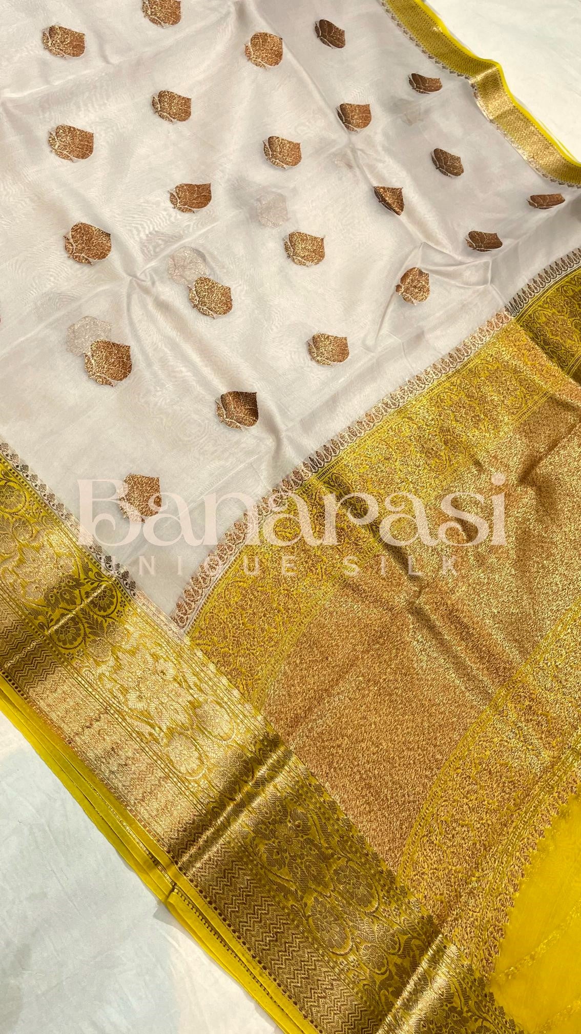 Cream With Yellow Pure Kora Handloom Banarasi Saree