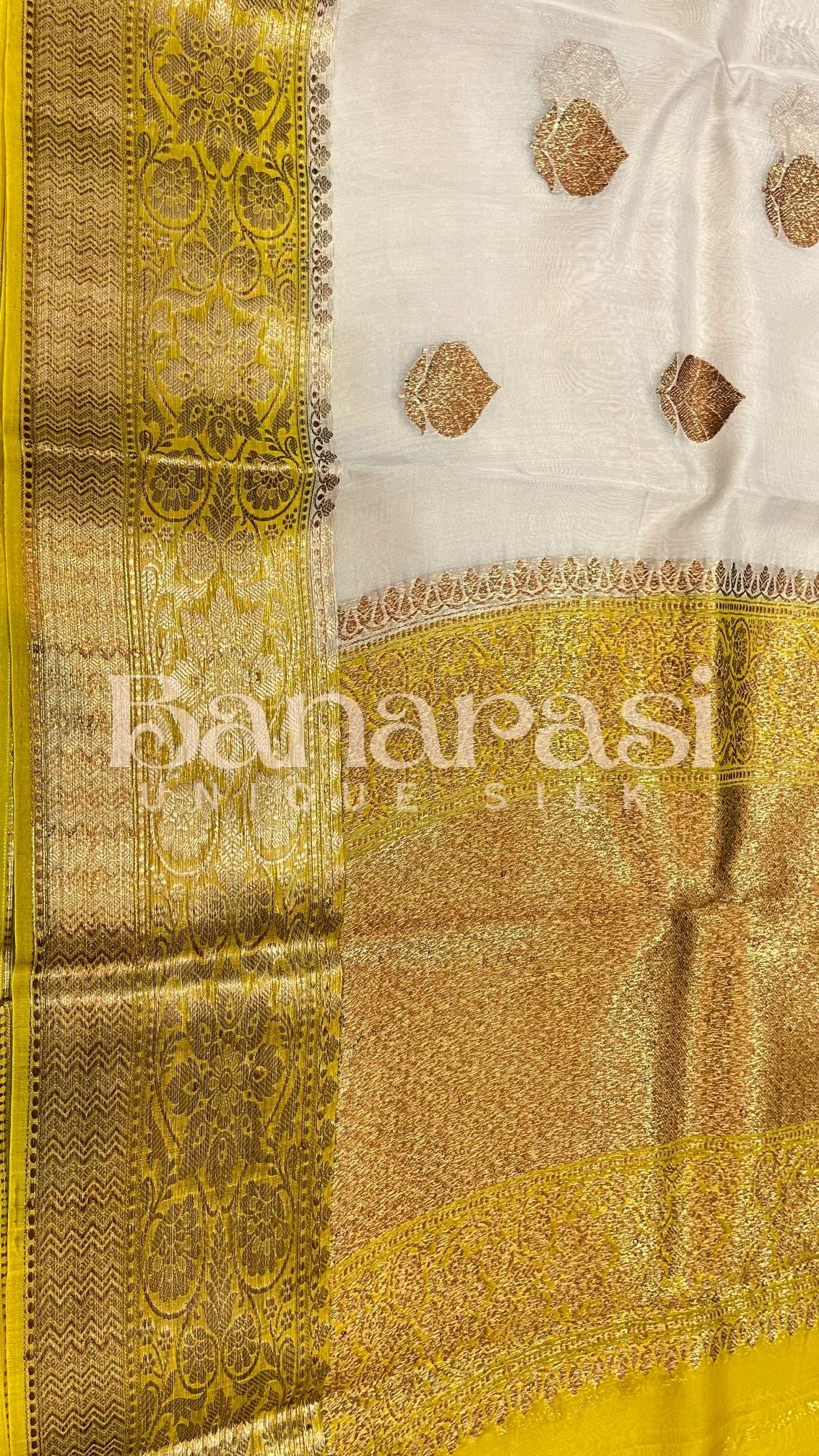 Cream With Yellow Pure Kora Handloom Banarasi Saree