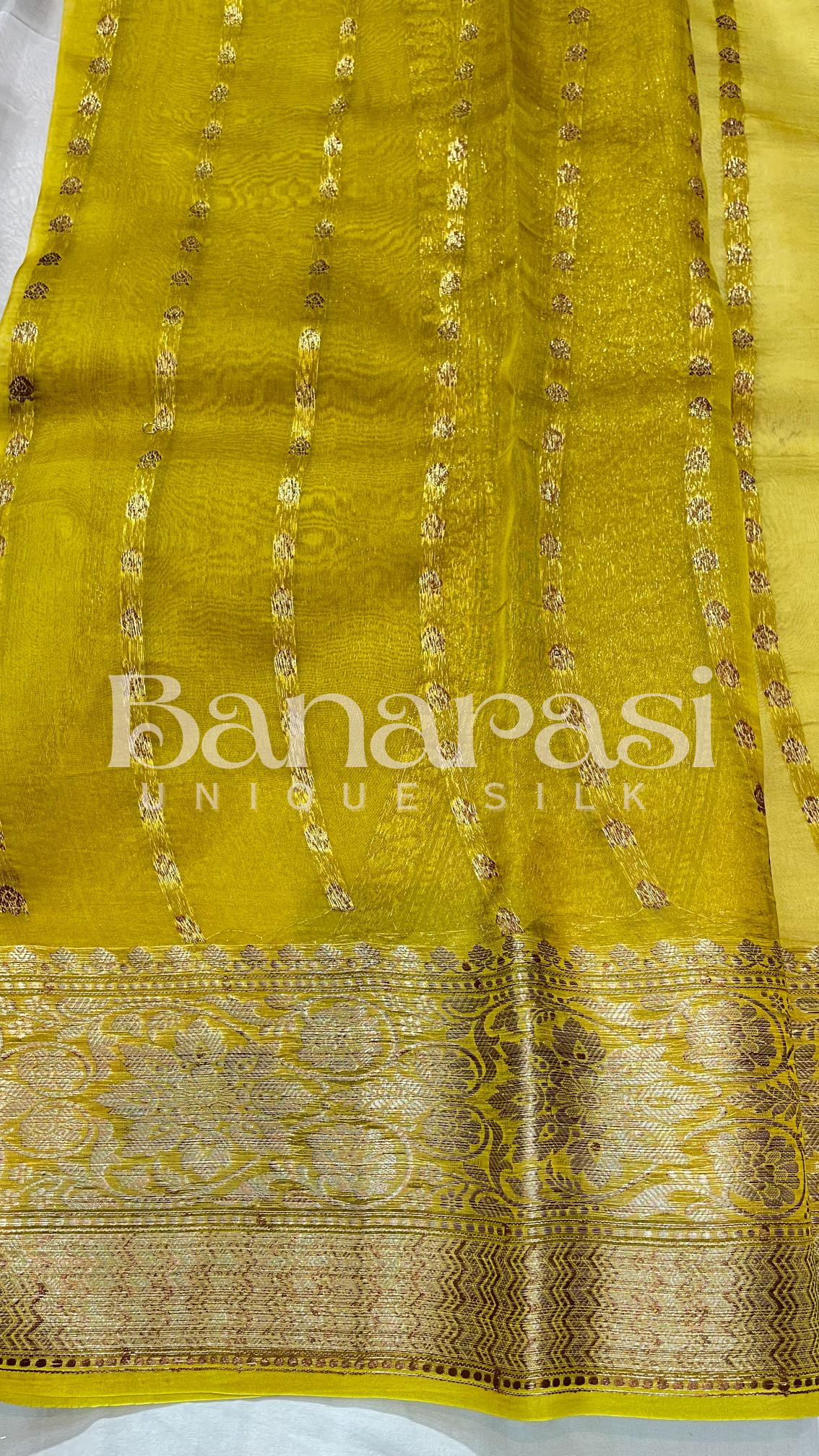 Cream With Yellow Pure Kora Handloom Banarasi Saree