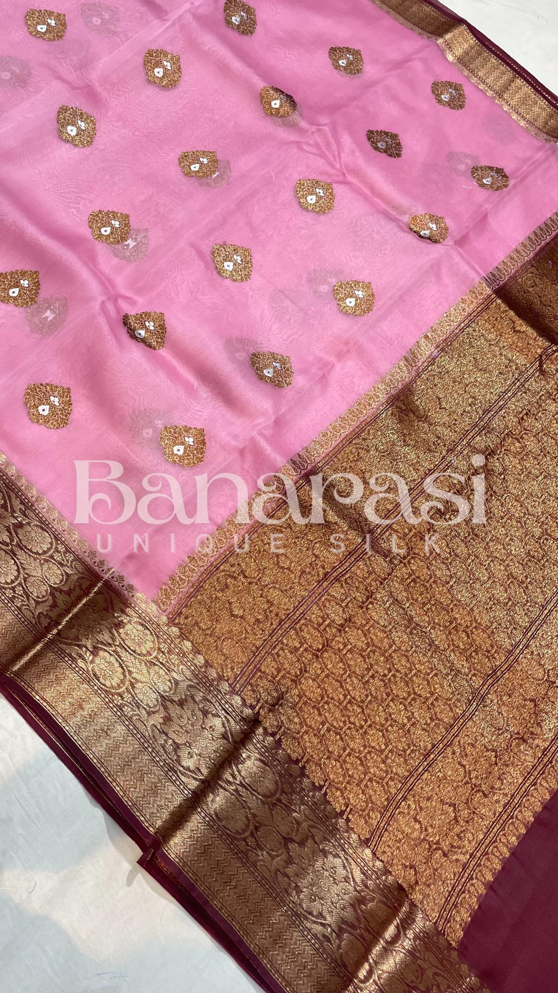 Pink WIth Mahroon Pure Kora Handloom Meena Weaving Banarasi Saree