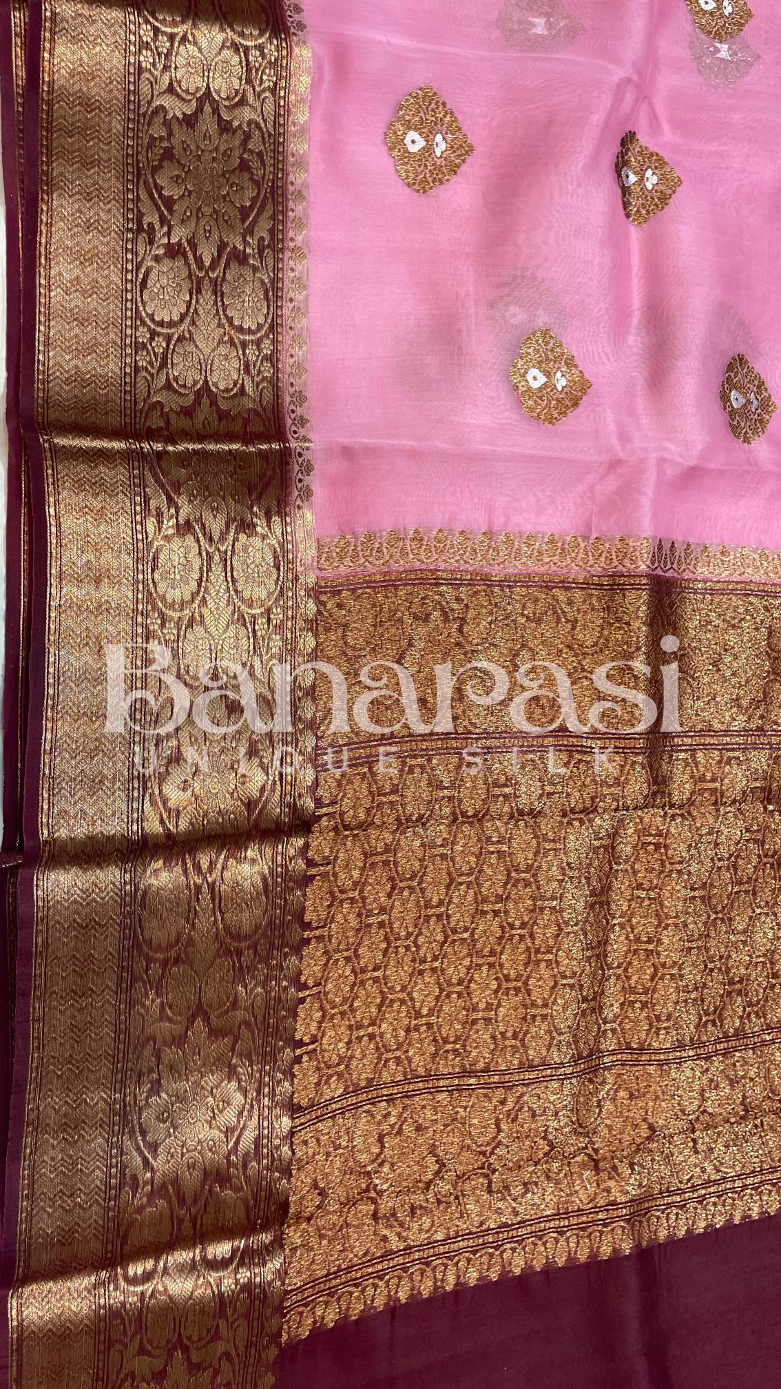 Pink WIth Mahroon Pure Kora Handloom Meena Weaving Banarasi Saree