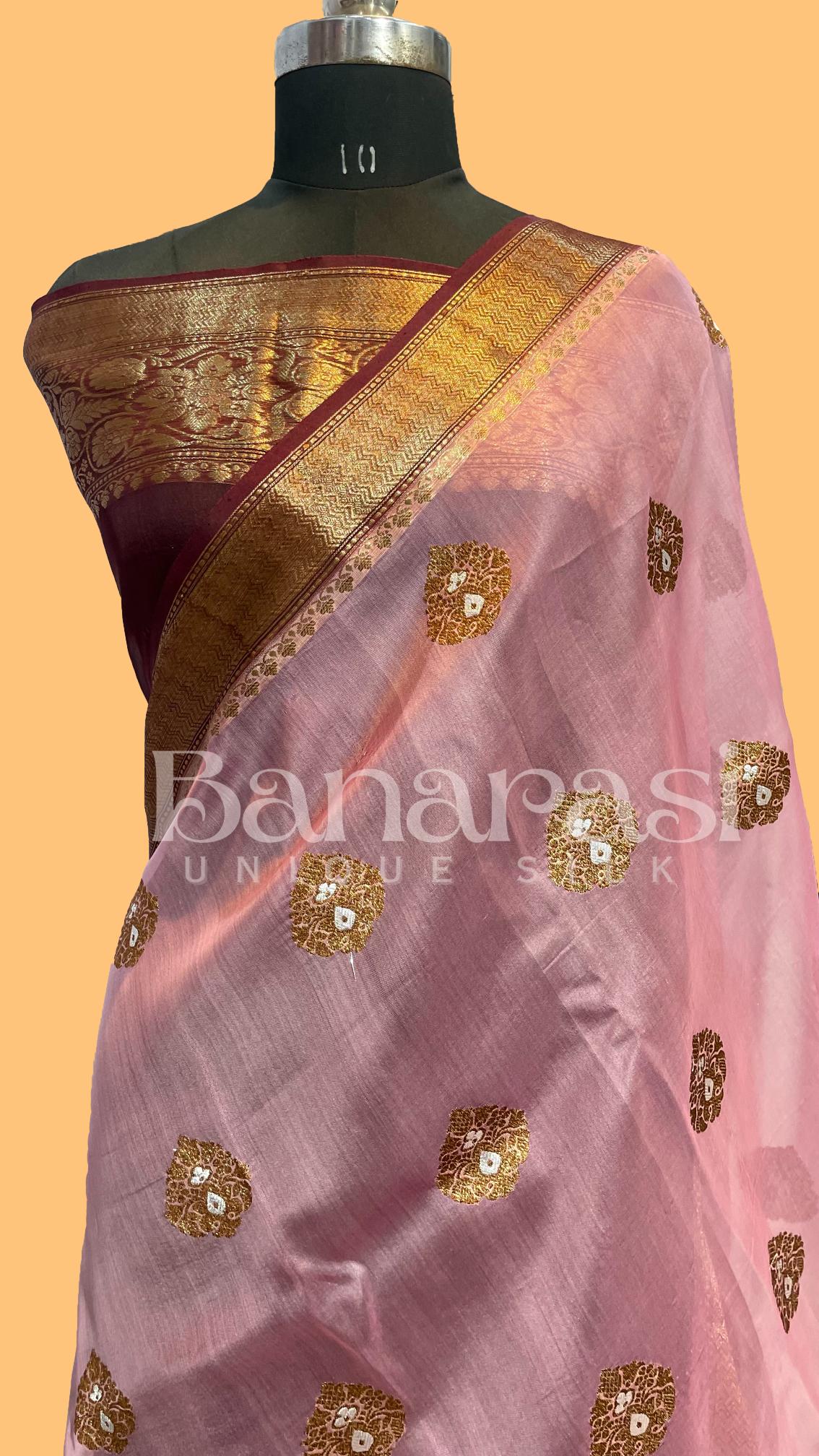 Pink WIth Mahroon Pure Kora Handloom Meena Weaving Banarasi Saree