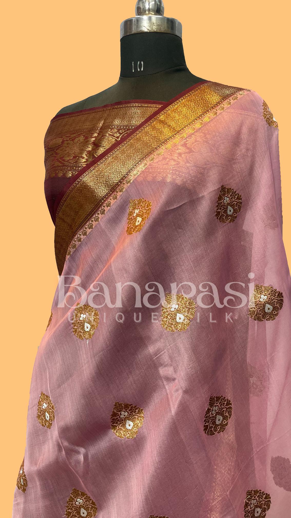 Pink WIth Mahroon Pure Kora Handloom Meena Weaving Banarasi Saree