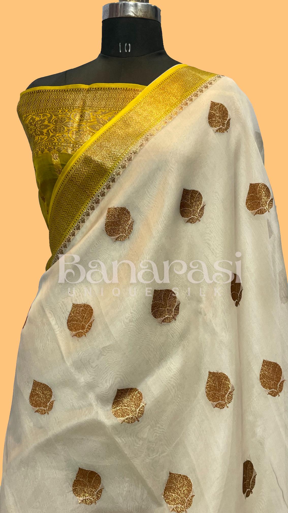 Cream With Yellow Pure Kora Handloom Banarasi Saree