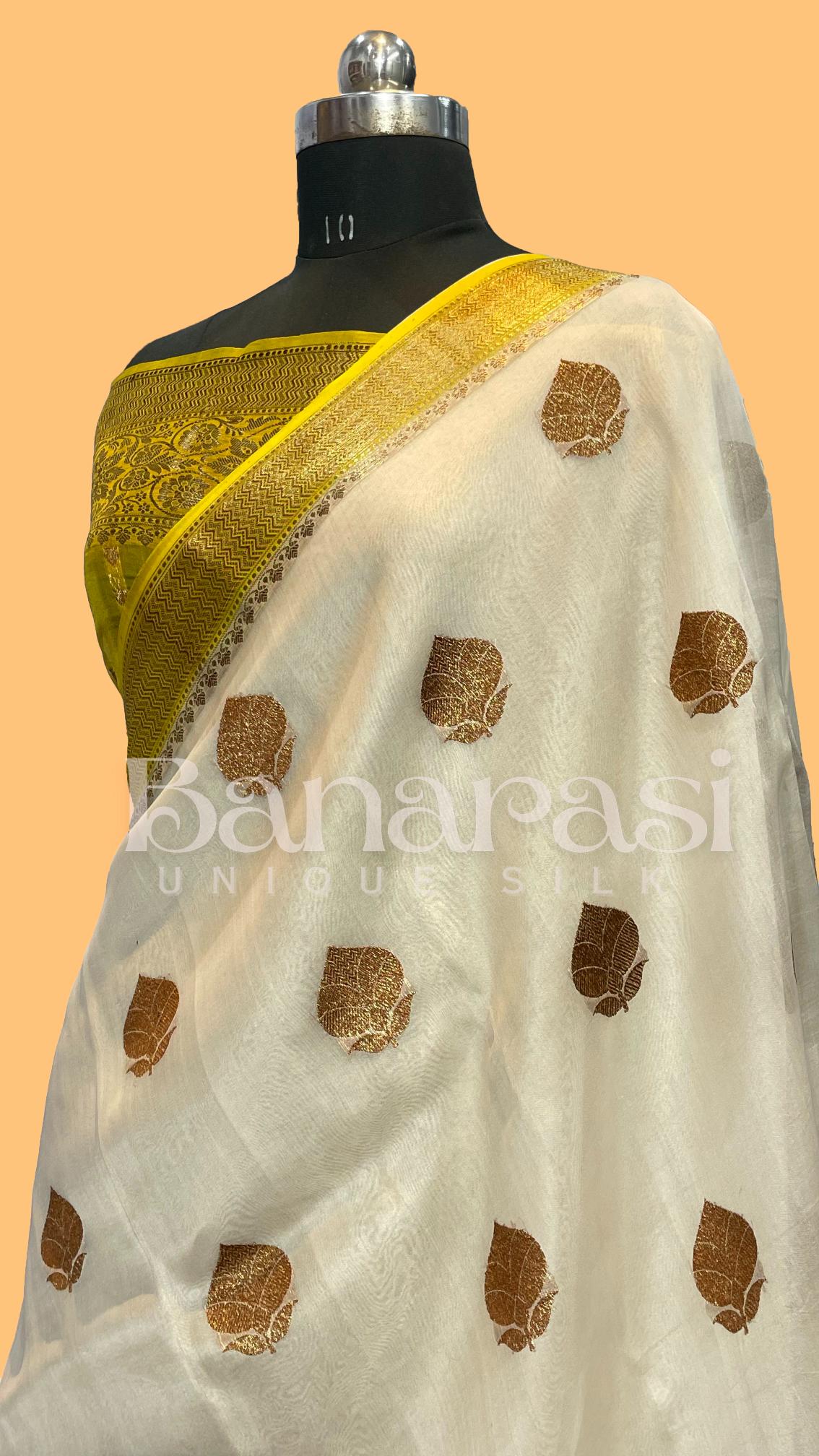 Cream With Yellow Pure Kora Handloom Banarasi Saree