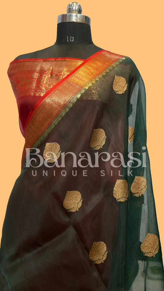 Green With Red Pure Kora Handloom Banarasi Saree