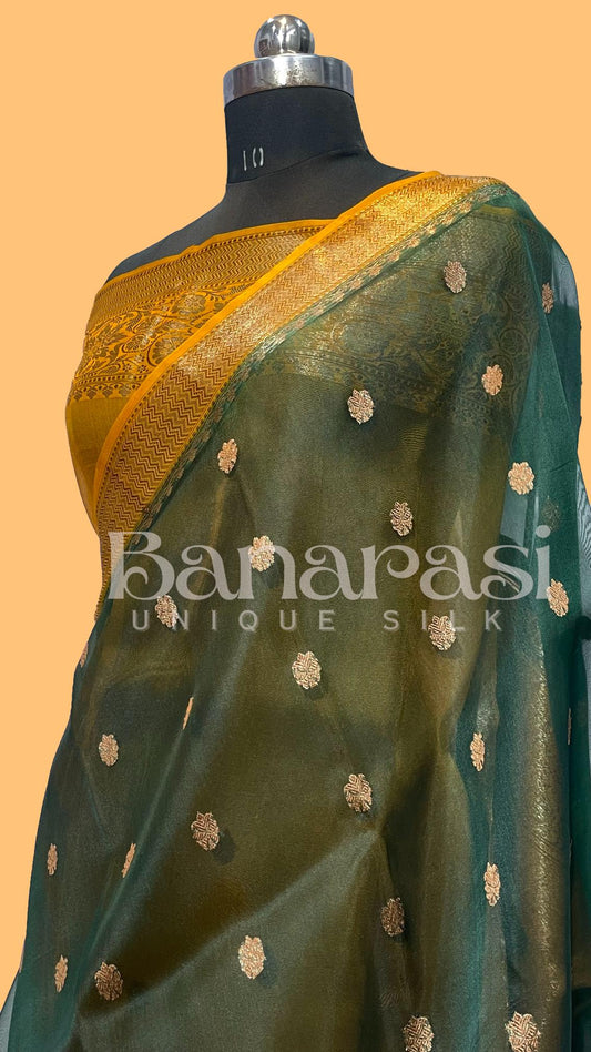 Green WIth Yellow Pure Kora Handloom Banarasi Saree